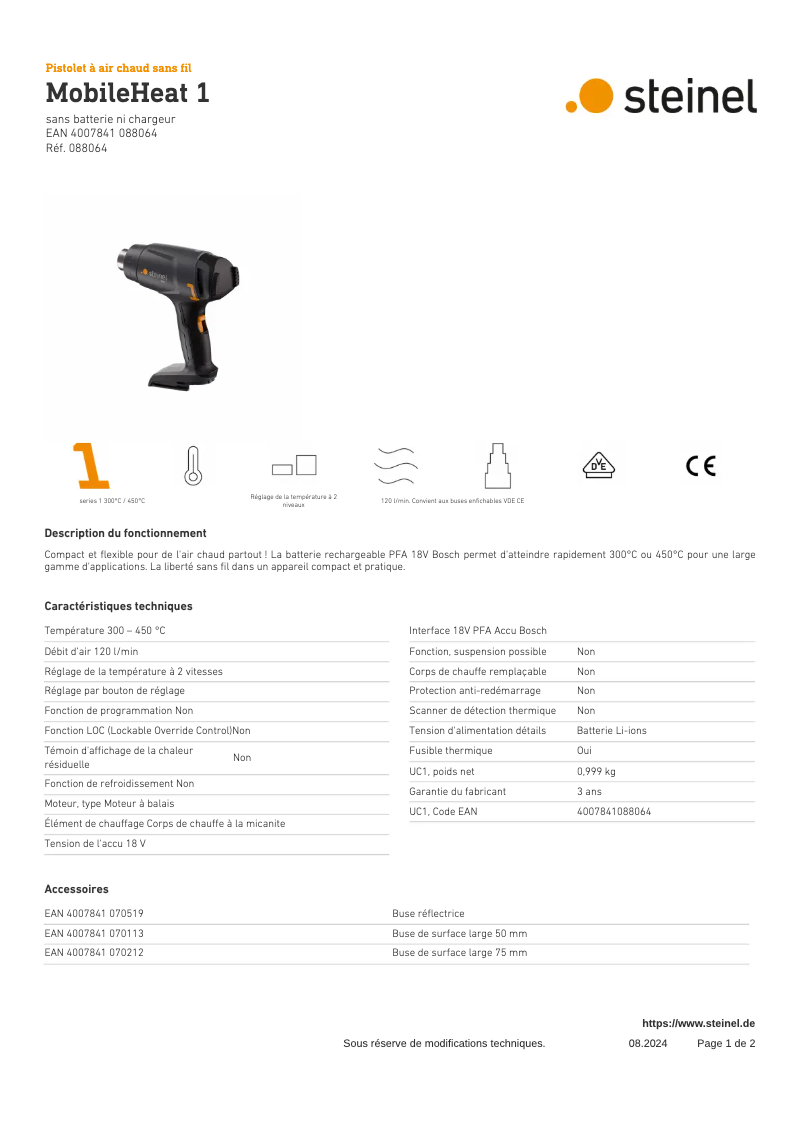 Page 1 de la notice Fiche technique Steinel MobileHeat 1