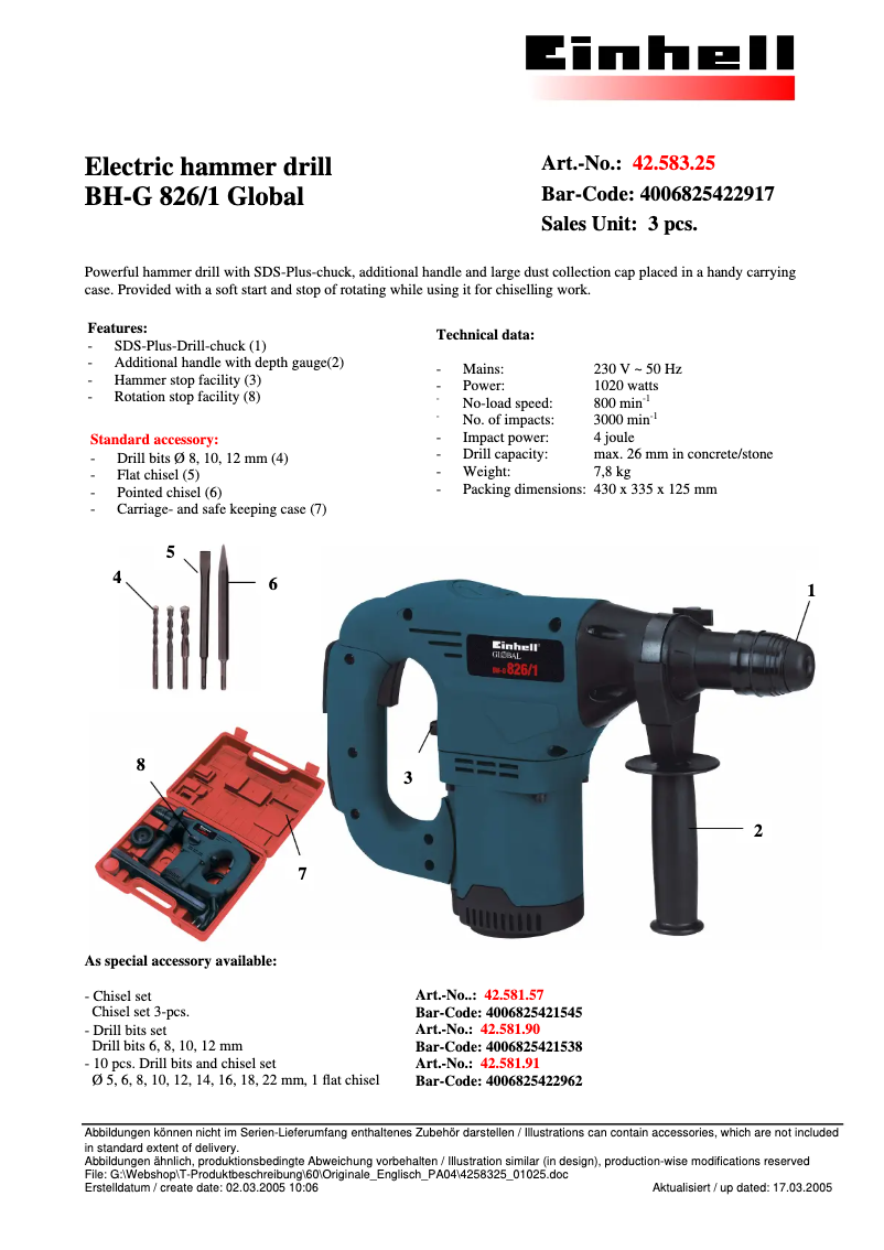 Page 1 de la notice Fiche technique Global BH-G 826