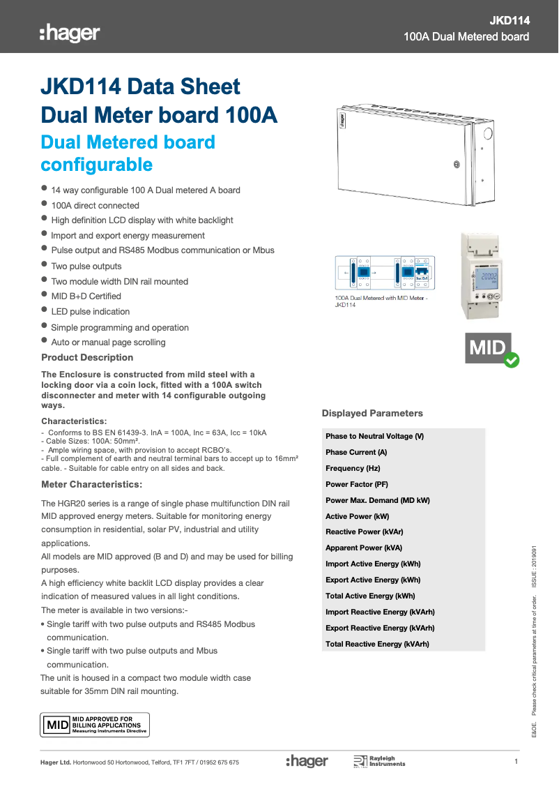 Page 1 de la notice Fiche technique Hager JKD114