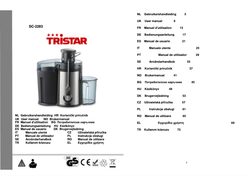 Page 1 de la notice Manuel utilisateur TriStar SC-2283