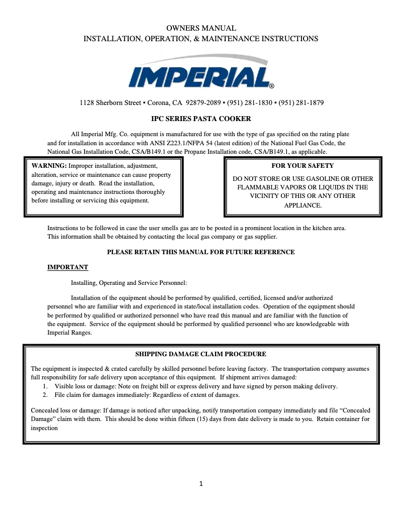 Page 1 de la notice Manuel utilisateur Imperial IPC-18