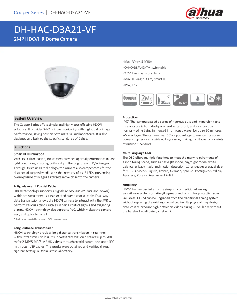 Page n°1 - Fiche technique Dahua Technology HAC-D3A21-VF