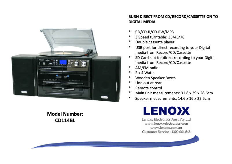 Page n°1 - Fiche technique Lenoxx CD114BL