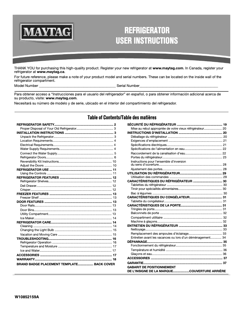 Page n°1 - Manuel utilisateur Maytag MRT118FFFWH