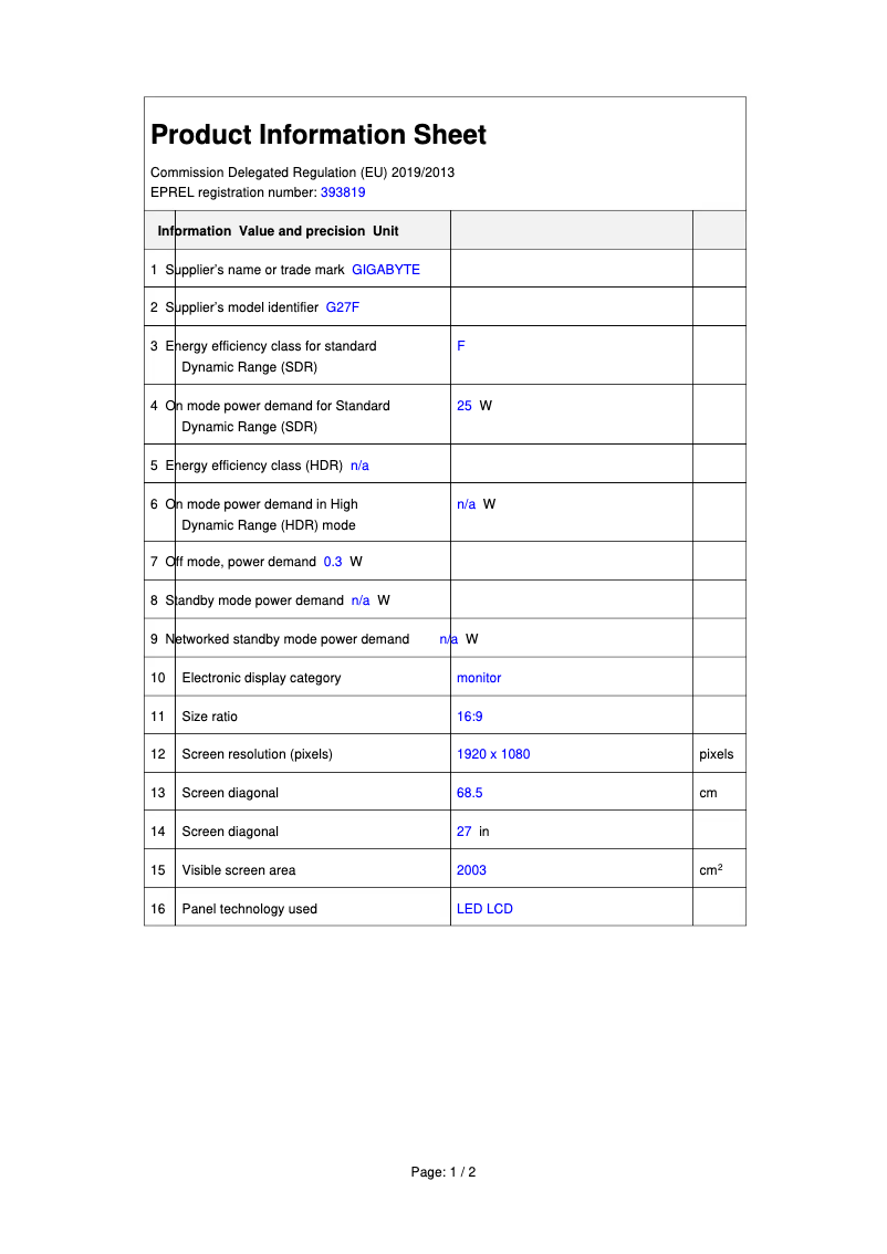 Page 1 de la notice Fiche technique Gigabyte G27F