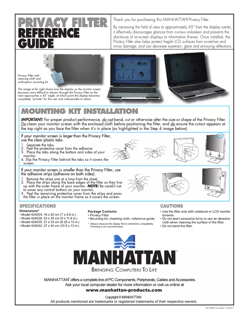 Page 1 of the manual User Manual Manhattan Privacy Filter