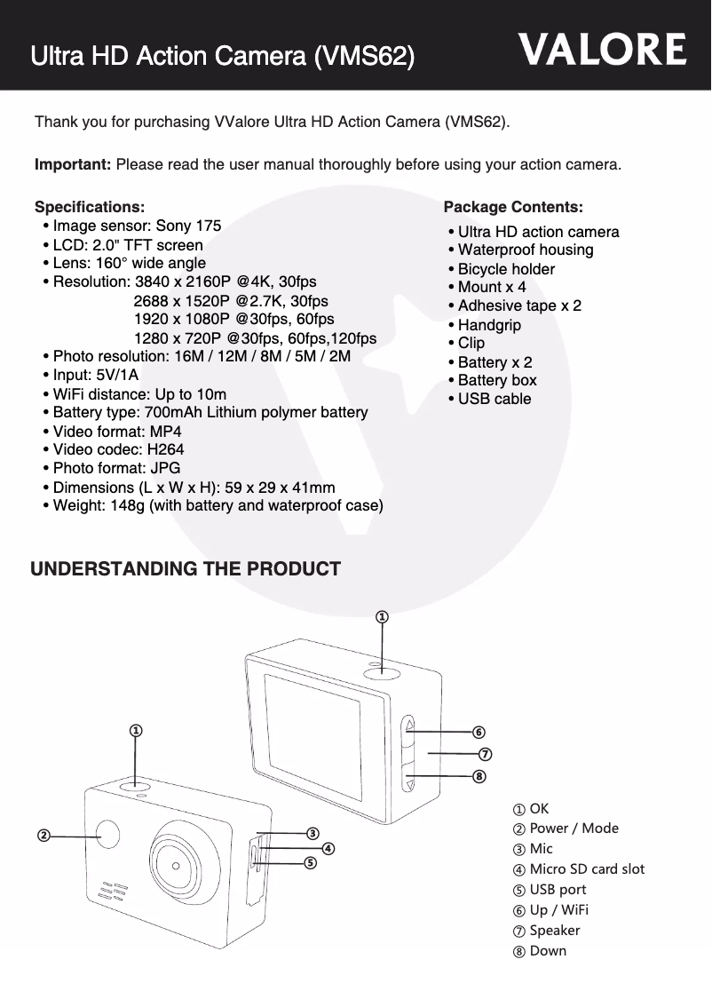 Page 1 de la notice Manuel utilisateur Valore VMS62