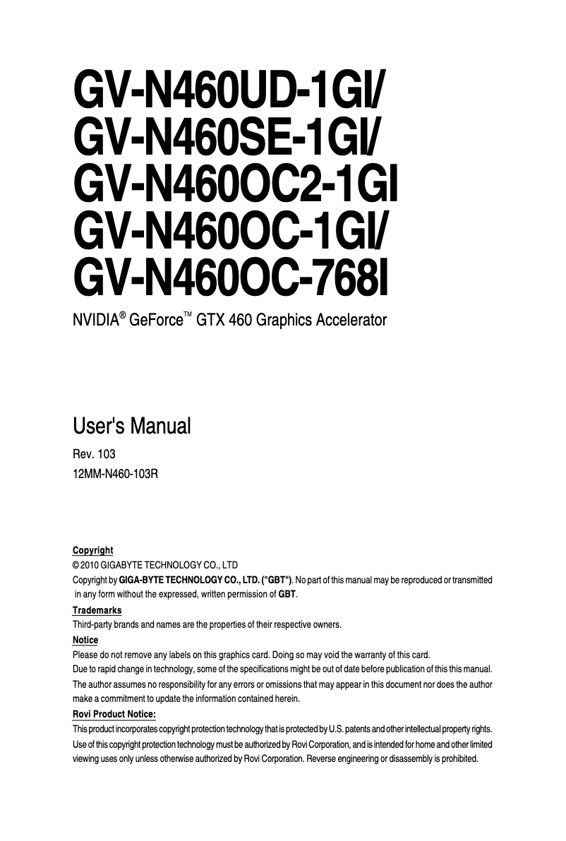 Page 1 de la notice Manuel utilisateur Gigabyte GV-N460SE-1GI