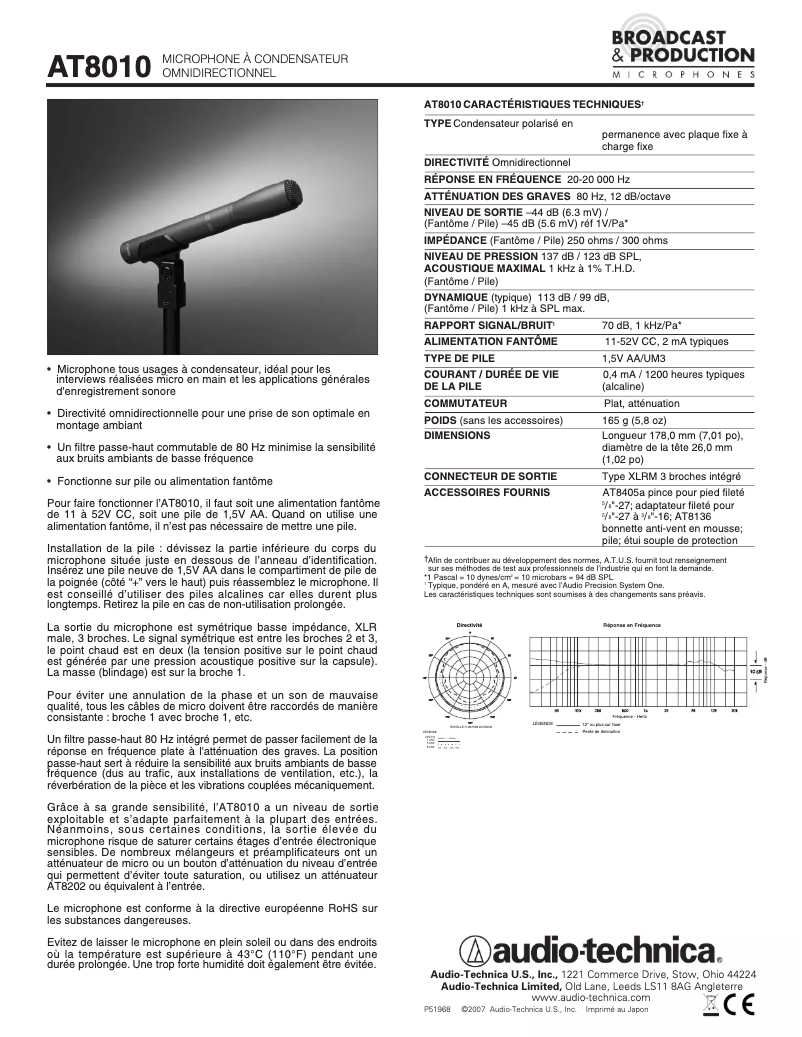 Página 1 del manual Ficha técnica Audio-Technica AT8010