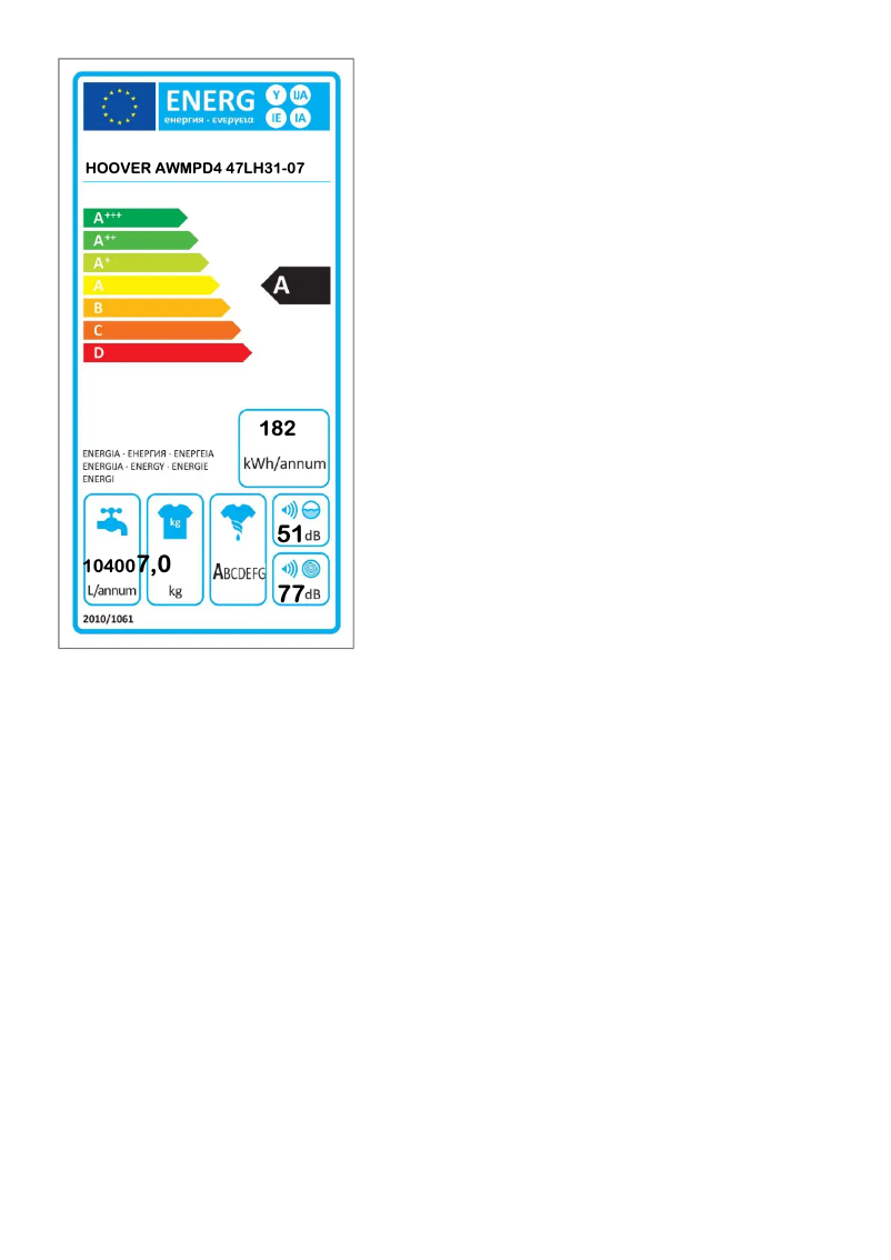 Page n°1 - Label énergétique Hoover AXI AWMPD4 47LH31-07