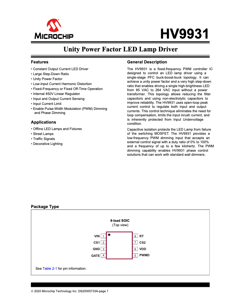 Página 1 del manual Manual de usuario Microchip HV9931