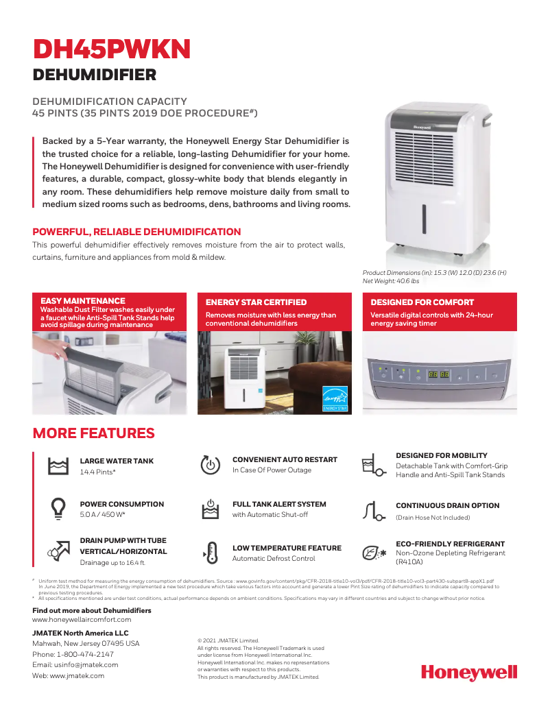 Page 1 de la notice Fiche technique Honeywell DH45PWKN