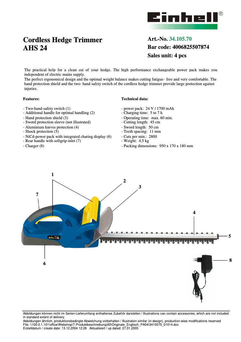 Page 1 de la notice Fiche technique Einhell AHS 24