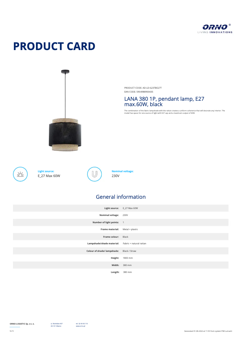 Page 1 de la notice Fiche technique Adviti AD-LD-6237BE27T