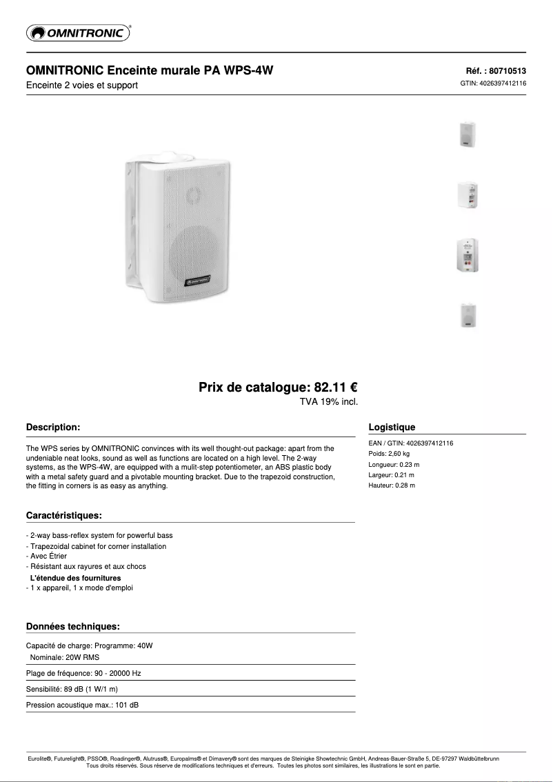 Page 1 de la notice Fiche technique Omnitronic WPS-4W