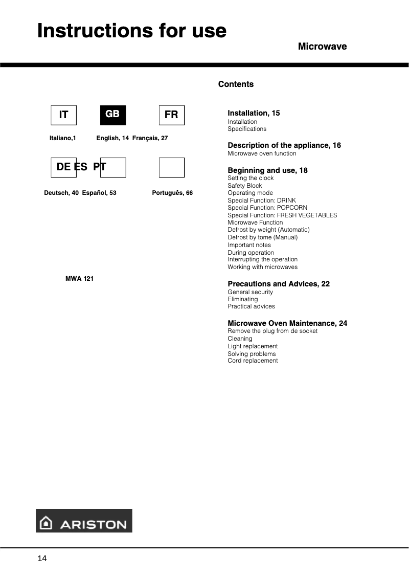Página 1 del manual Manual de usuario Ariston Thermo MWA 121