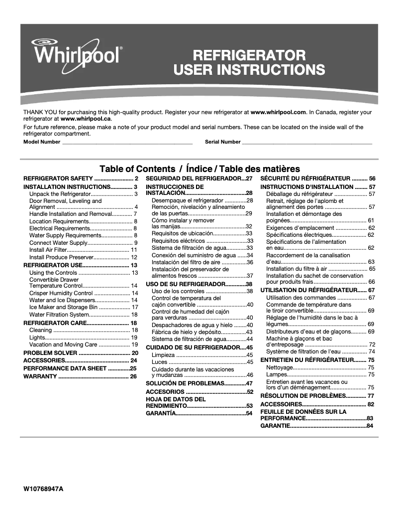 Page 1 de la notice Manuel utilisateur Whirlpool WRS970CIHZ