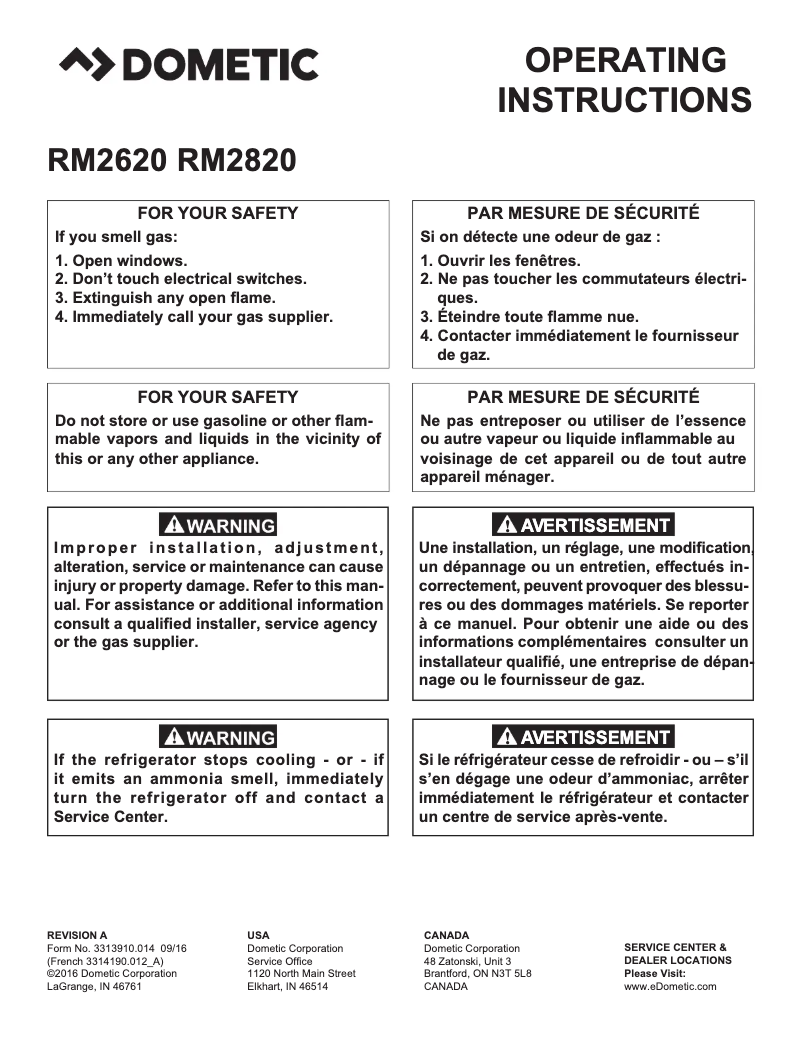 Page 1 de la notice Manuel utilisateur Dometic RM2620