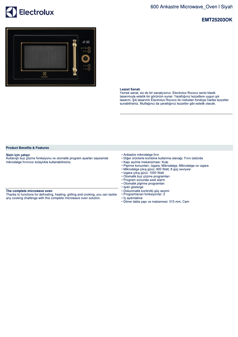 Page n°1 - Fiche technique Electrolux EMT25203OK