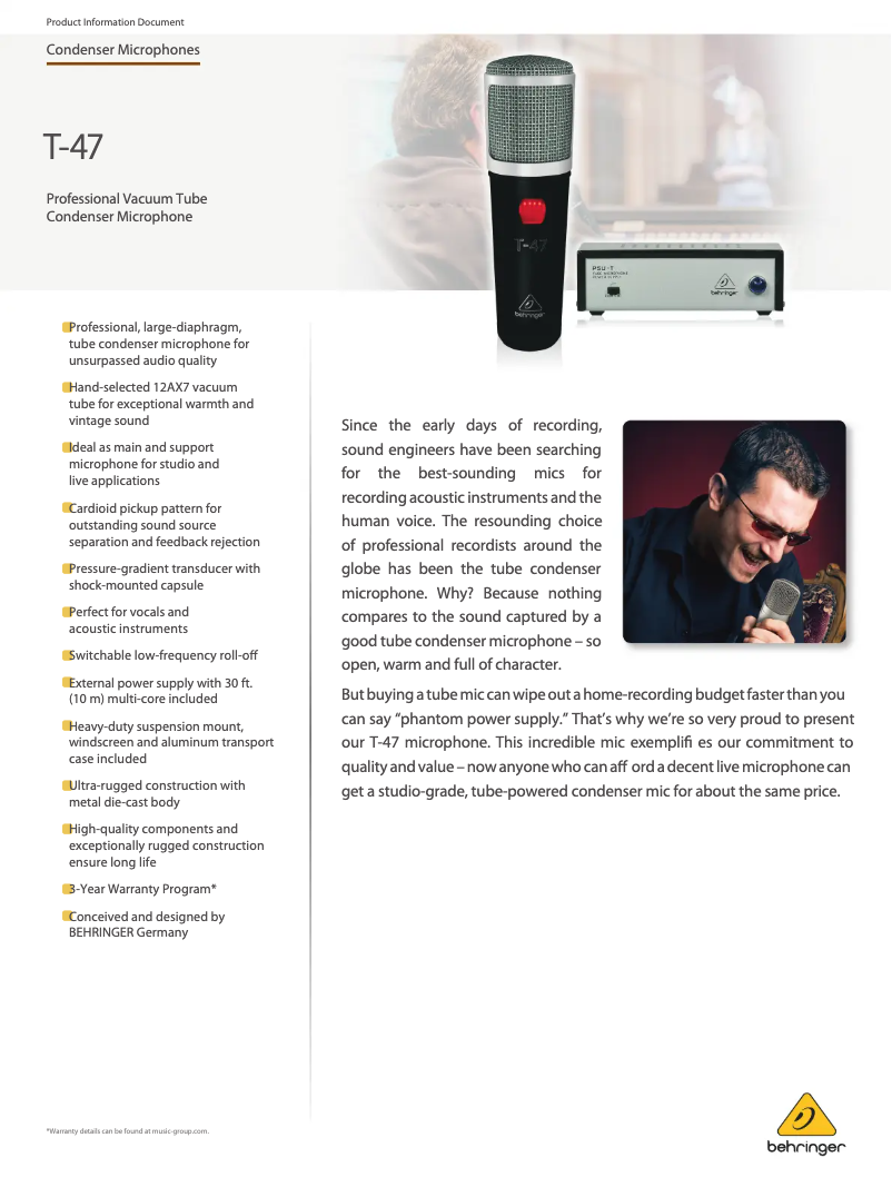 Page n°1 - Fiche technique Behringer T-47
