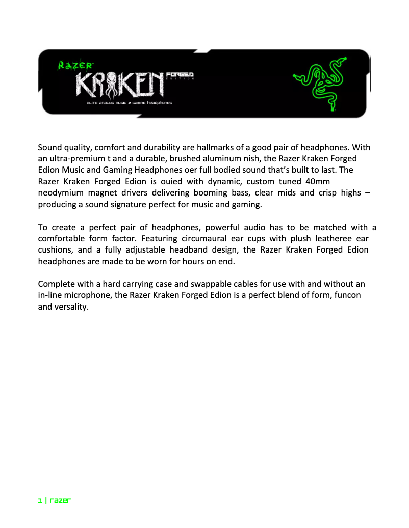 Page 1 de la notice Manuel utilisateur Razer Kraken Forged Edition