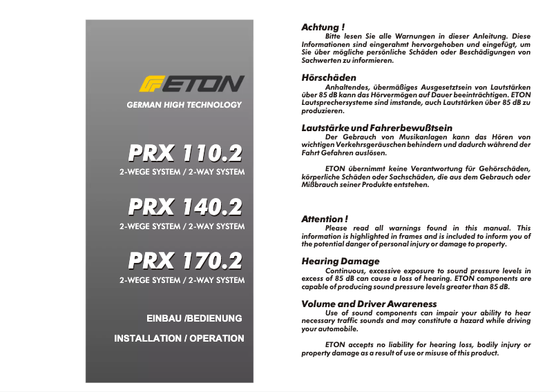Page 1 de la notice Manuel utilisateur Eton PRX 170.2