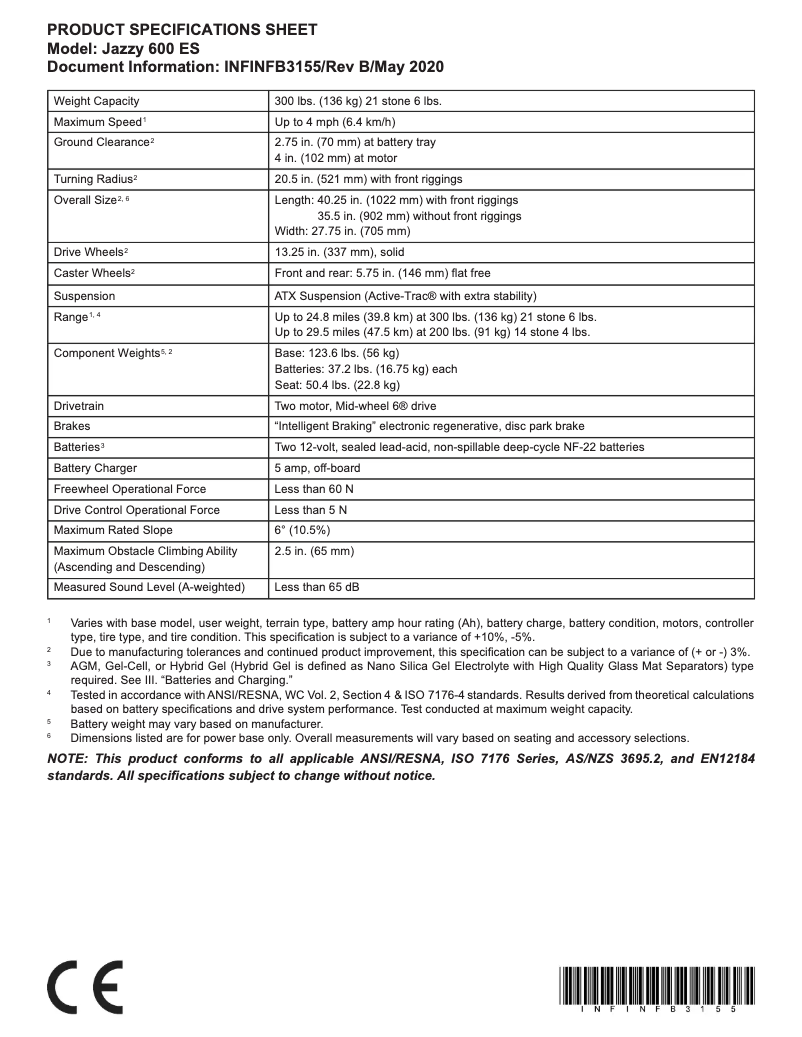 Page 1 de la notice Fiche technique Pride Jazzy 600 ES