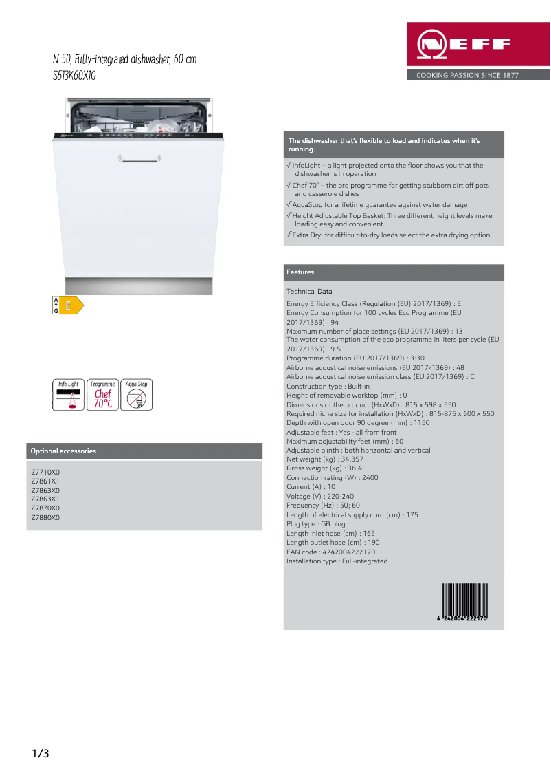 Page 1 de la notice Fiche technique Neff S513K60X1G