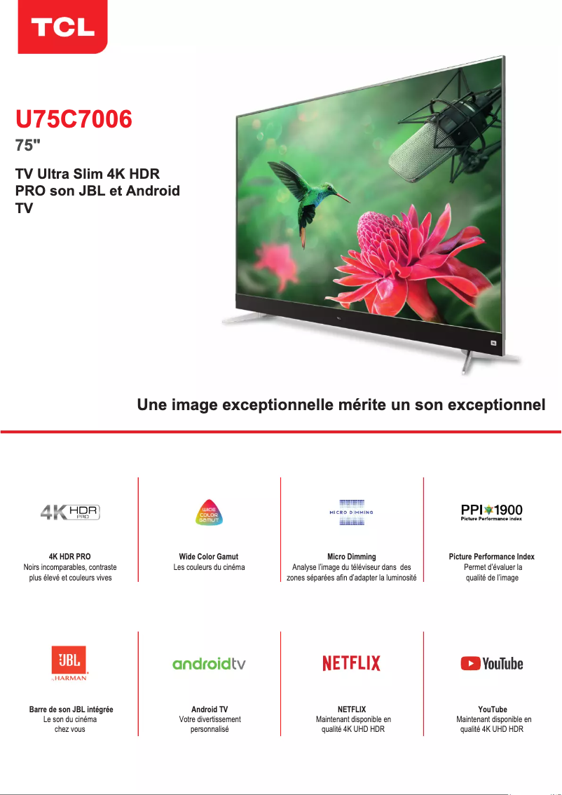 Page 1 de la notice Fiche technique TCL U75C7006