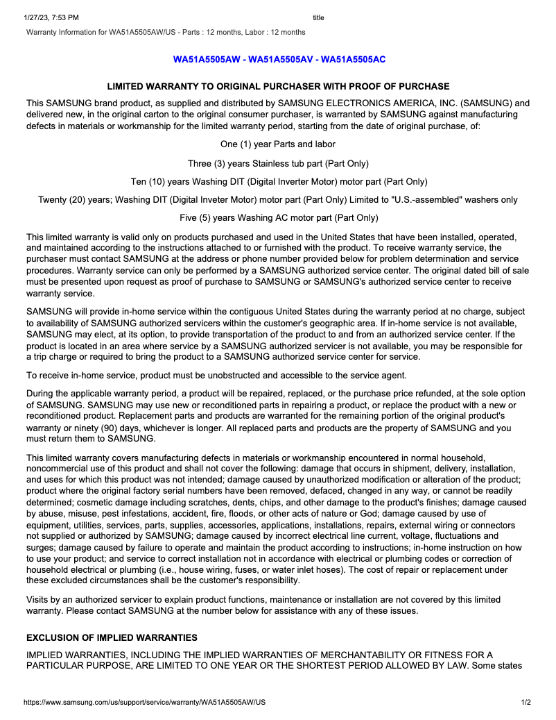 Page 1 de la notice Informations de garantie Samsung WA51A5505AW