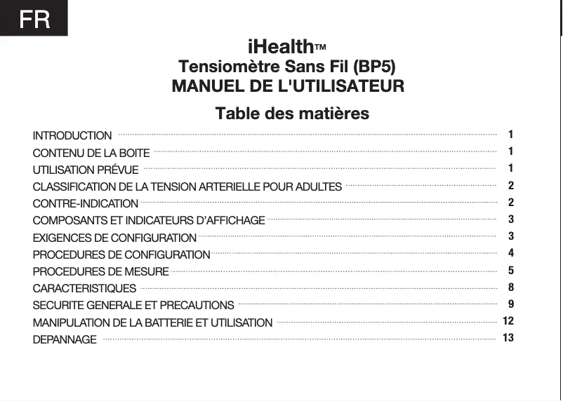 Page 1 de la notice Manuel utilisateur iHealth Blood pressure monitor BP5