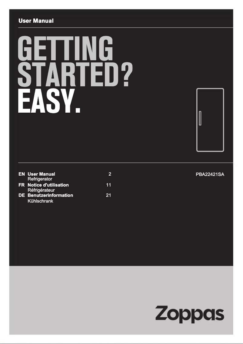 Page 1 de la notice Manuel utilisateur Zoppas PBA22421SA