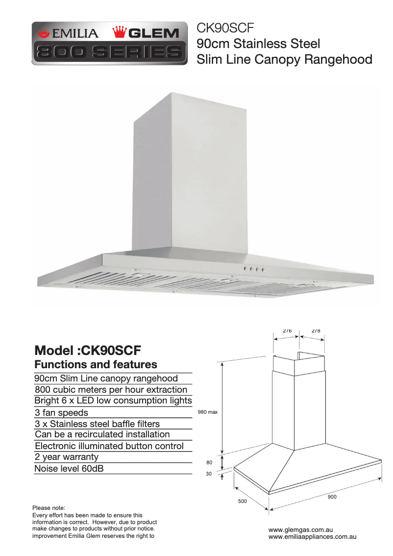 Page 1 de la notice Fiche technique Emilia CK90SCF