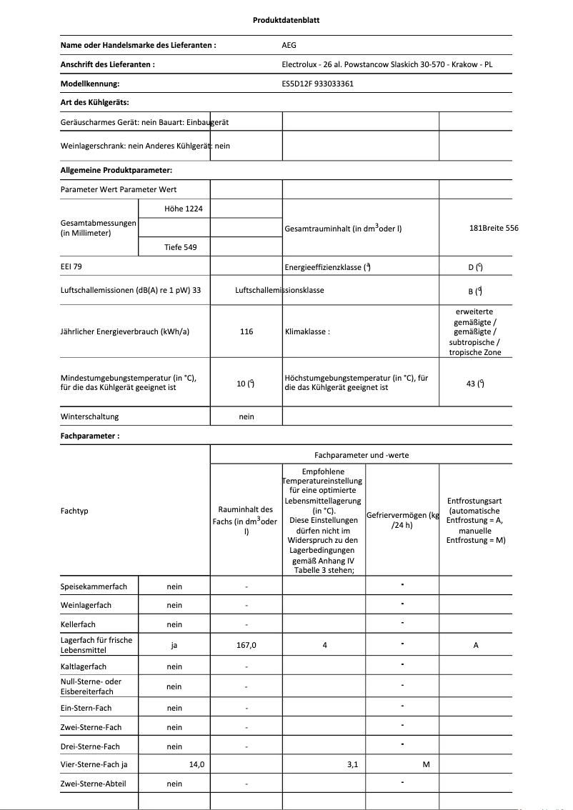 Page 1 de la notice Fiche technique AEG ES5D12F