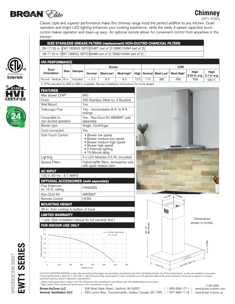 Page 1 de la notice Fiche technique Broan EWT1306SS