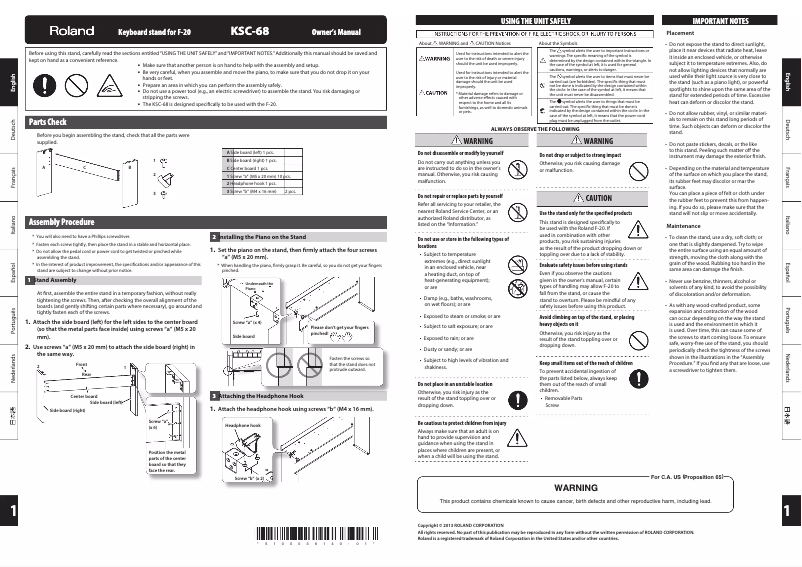 Page n°1 - Manuel utilisateur Roland KSC-68