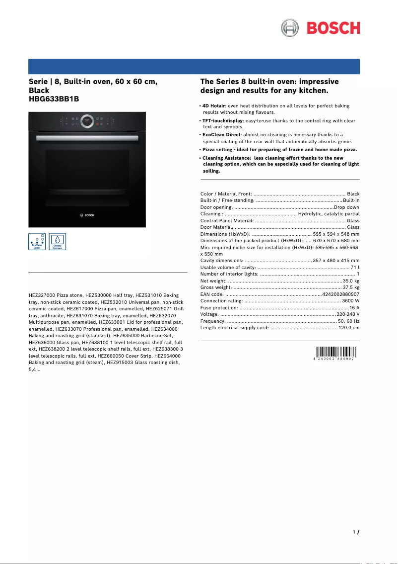 Page 1 de la notice Fiche technique Bosch HBG633BB1B