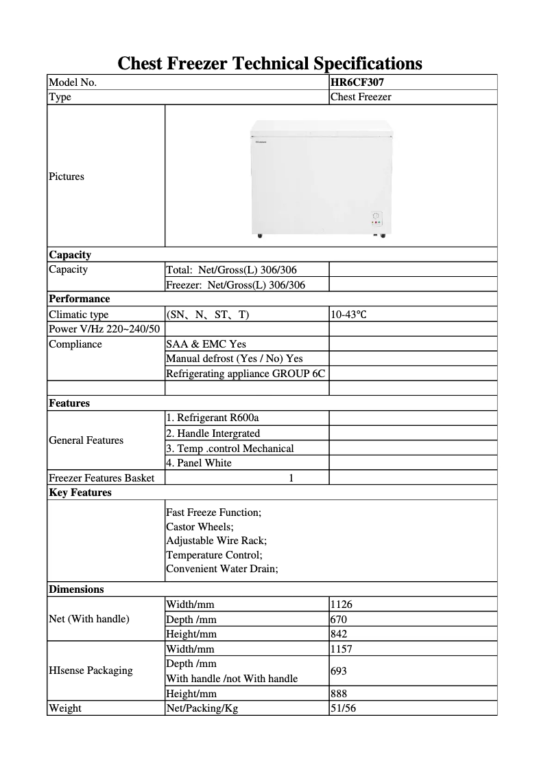 Page 1 de la notice Fiche technique Hisense HR6CF307