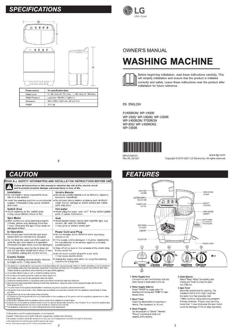 Page n°1 - Manuel utilisateur LG WP-1560R
