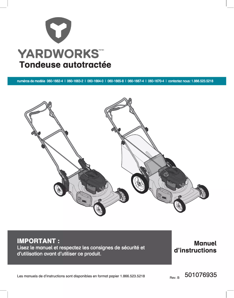 Page 1 de la notice Manuel utilisateur Yardworks 060-1665-8