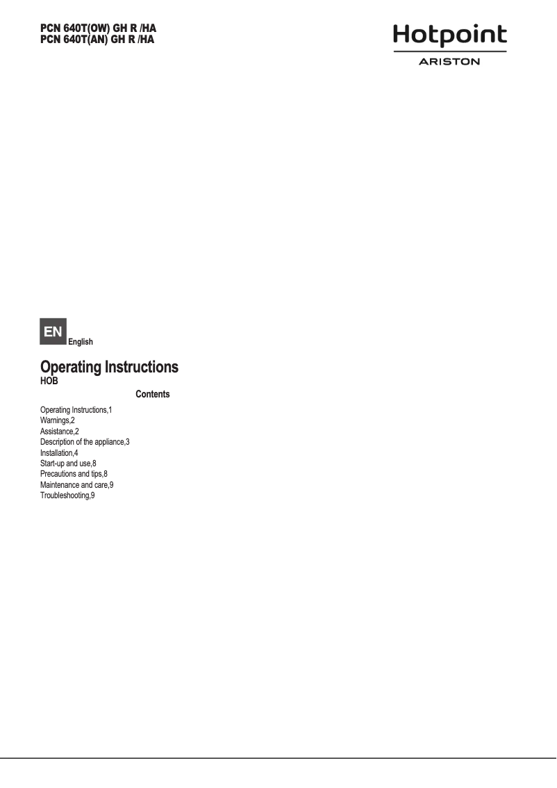Page 1 de la notice Manuel utilisateur Hotpoint Ariston PCN 640T(OW) GH R /HA