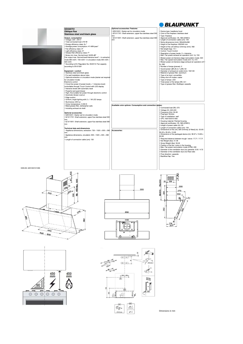 Page 1 de la notice Fiche technique Blaupunkt 5DO69751