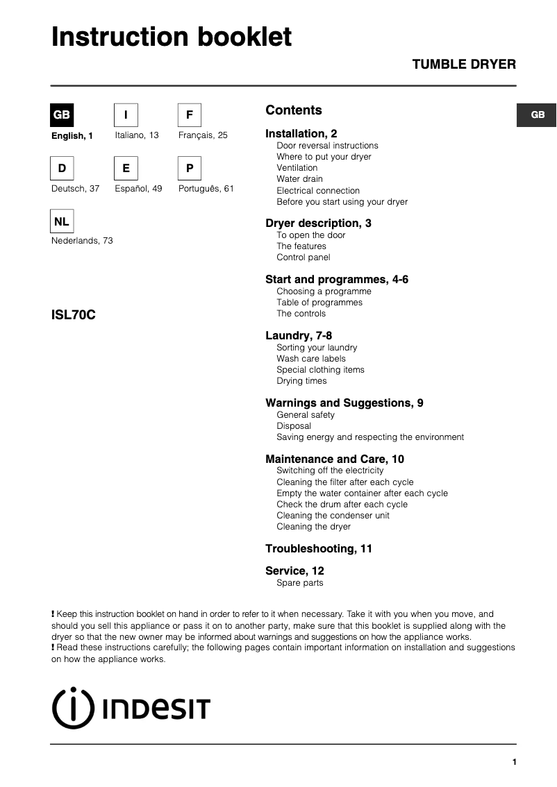 Page 1 de la notice Manuel utilisateur Indesit ISL 70 CS