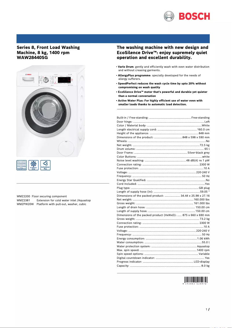 Page n°1 - Fiche technique Bosch WAW28440SG