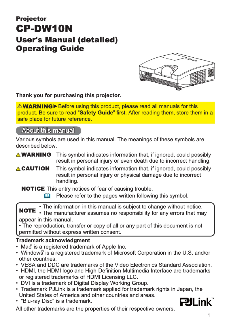 Page 1 de la notice Manuel utilisateur Hitachi CP-DW10NEF