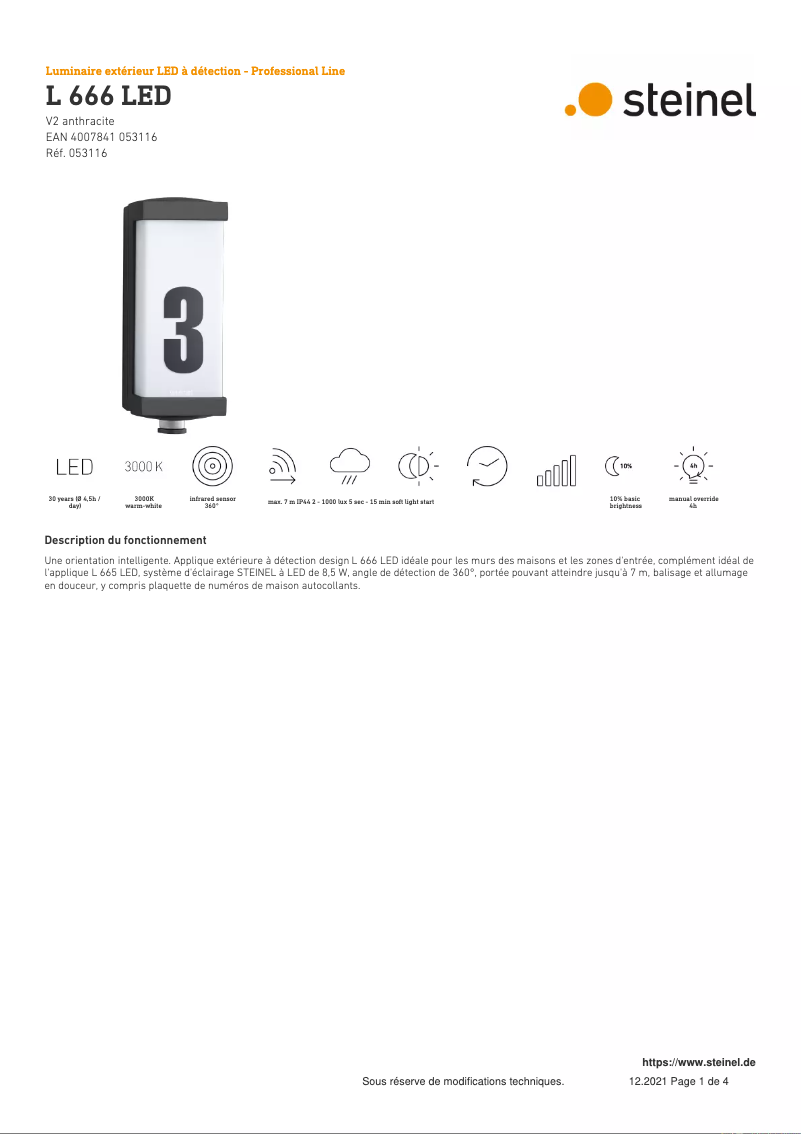 Page 1 de la notice Fiche technique Steinel L 666 LED