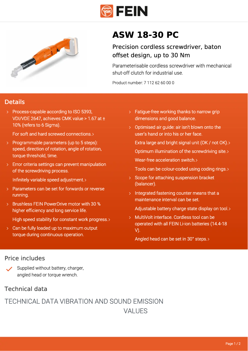 Página 1 del manual Ficha técnica Fein ASW 18-30 PC