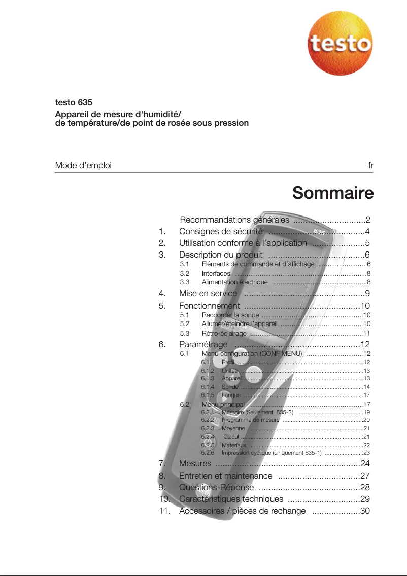 Page 1 de la notice Manuel utilisateur Testo 635