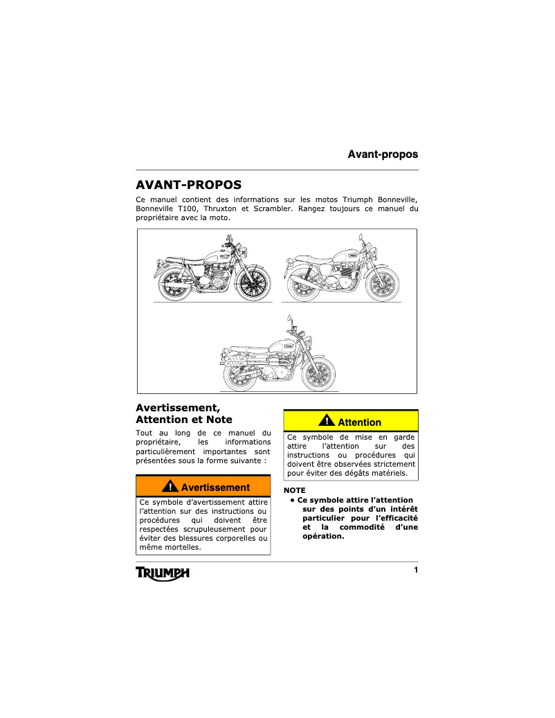 Image de la première page du manuel de l'appareil Bonneville T100 (2002)