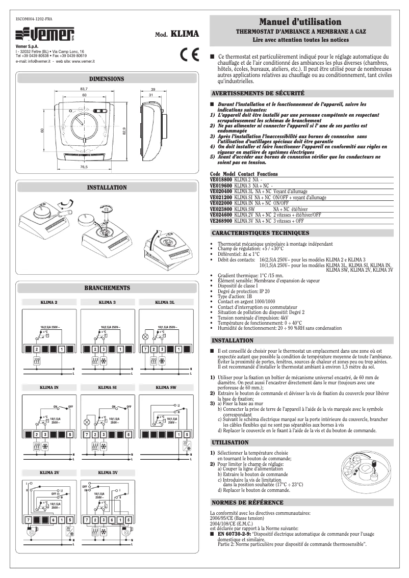 Page n°1 - Manuel utilisateur Vemer Klima SI